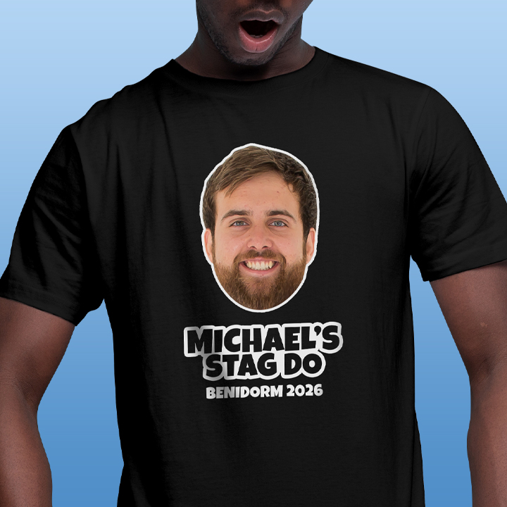 A black t-shirt with a picture of a man’s face on it that reads ‘Michael’s Stag do Benidorm 2025’