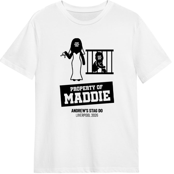 A white t shirt with a stag do design that has the stag in a cage with his bride smugly holding the keys, reads property of (Bride's name) 