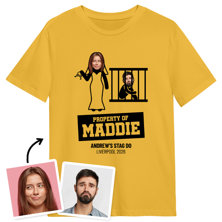  A yellow t shirt with a stag do design that has the stag in a cage with his bride smugly holding the keys, reads property of (stag's partner's name) 