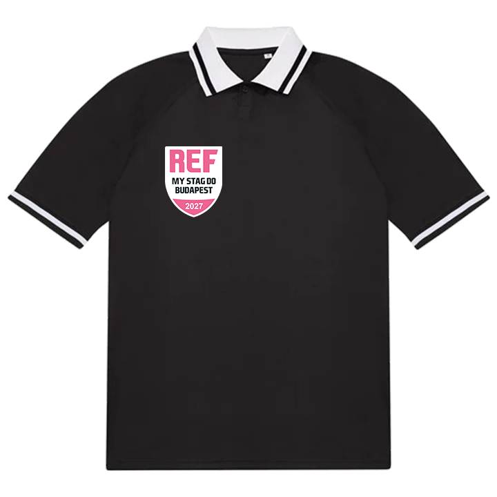 A black referee stag do t-shirt with a badge that has custom text reading REF My stag do Budapest 2027