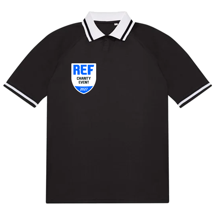 A black referee stag do t-shirt with a badge that has custom text reading REF charity event 2027