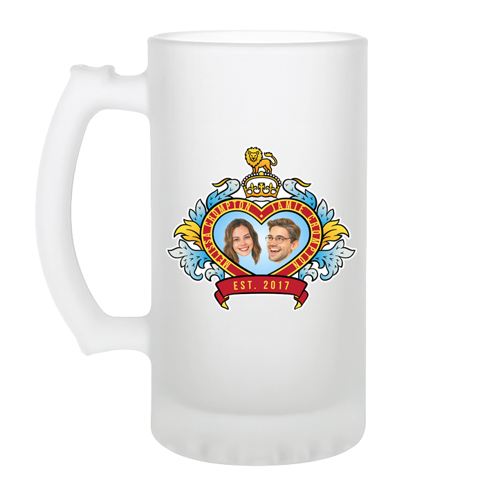 A custom stein boasting a Royal Wedding style love heart design where you have space for a picture of a couple with their names and the date they got married/together