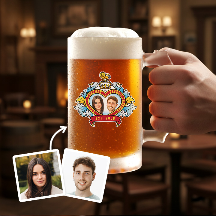 A custom stein boasting a Royal Wedding style love heart design which has been personalised with a picture of a couple alongside their names and date they got married/together reading est 2009 with a pub background