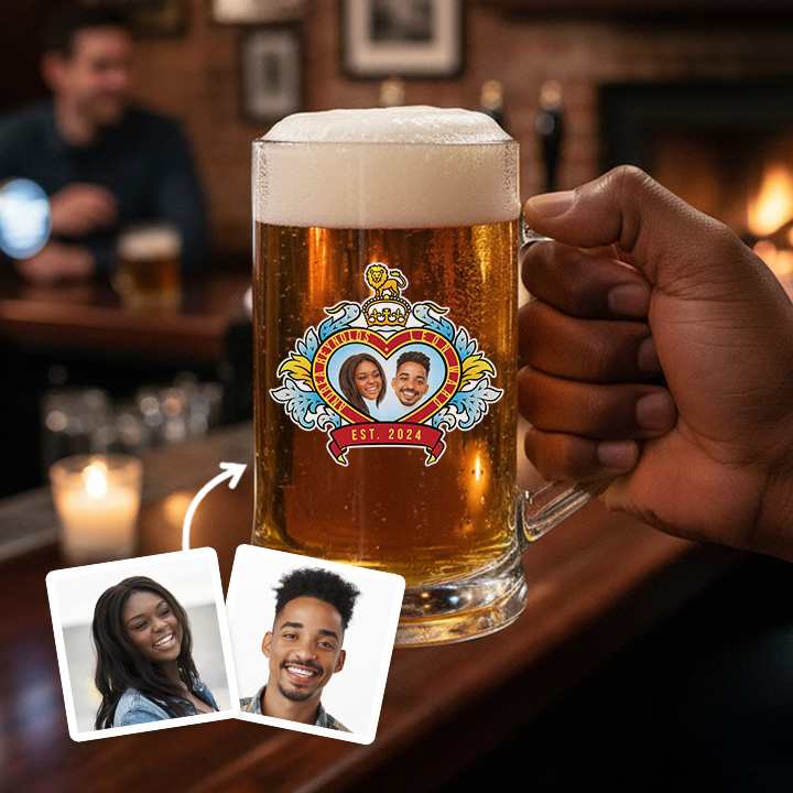 A custom stein boasting a Royal Wedding style love heart design which has been personalised with a picture of a couple alongside their names and date they got married/together reading est 2024 with a pub background
