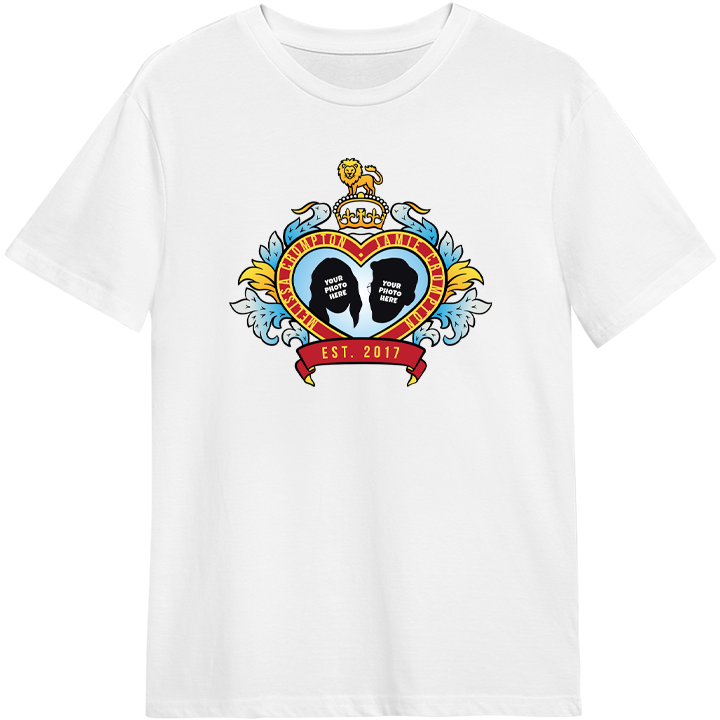 A custom t-shirt boasting a Royal Wedding style love heart design where you have space for a picture of a couple with their names and the date they got married/together