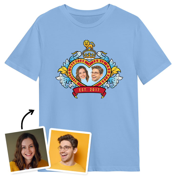 A custom t-shirt boasting a Royal Wedding style love heart design which has been personalised with a picture of a couple alongside their names and date they got married/together which reads Est 2017
