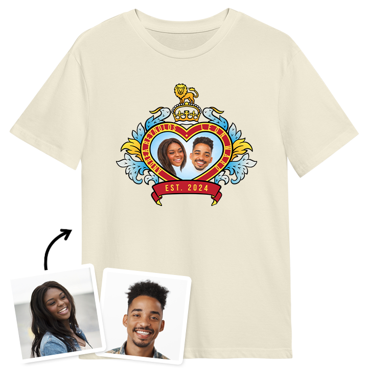A custom t-shirt boasting a Royal Wedding style love heart design which has been personalised with a picture of a couple alongside their names and date they got married/together which reads Est 2024