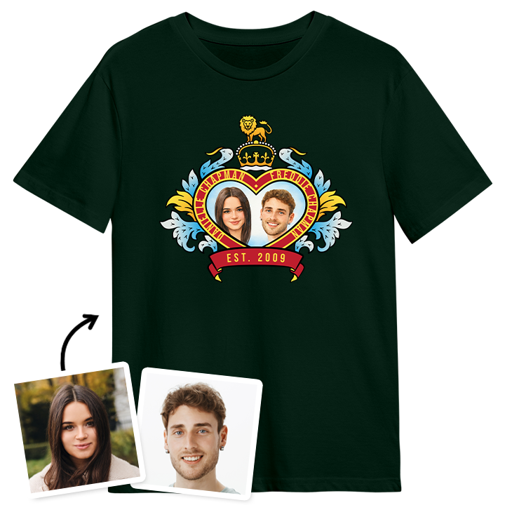 A custom t-shirt boasting a Royal Wedding style love heart design which has been personalised with a picture of a couple alongside their names and date they got married/together which reads Est 2009