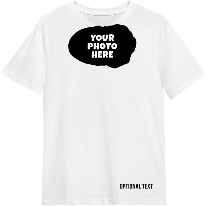 A custom shades face sunglasses t-shirt where you can upload a face pic and have optional text. The face image is positioned so it looks like it is wearing sunglasses when they are hung on the t-shirt