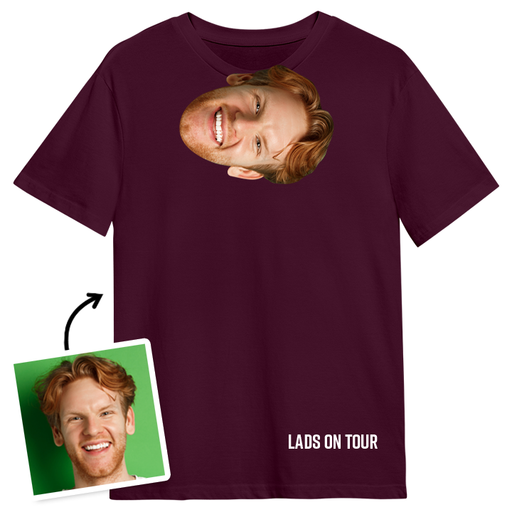 A shades face t shirt with a sideways picture of the face of a ginger man