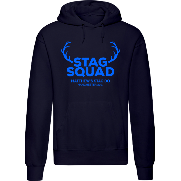 Stag Do Illustration from Photo Hoodie – Illustration, Text, Location on Blue Hoodie