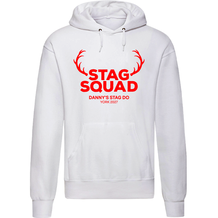 Stag Do Illustration from Photo Hoodie – Illustration, Text, Location on Red Hoodie