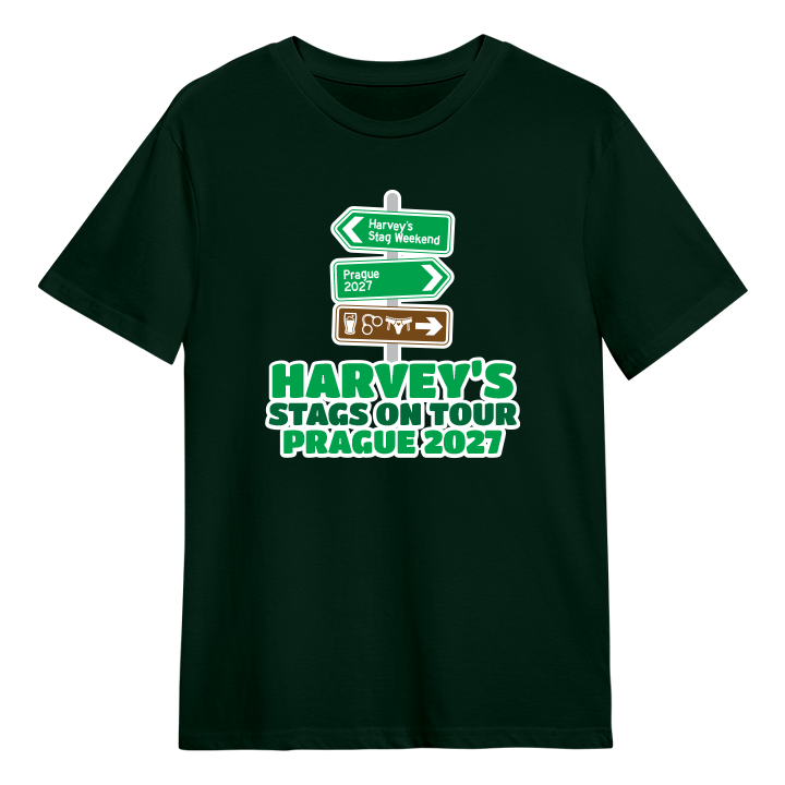 A custom stag do t shirt that has a signpost on it with three signs one that says Harvey's Stag Weekend, one that says Prague 2027 and one that has icons of a beer, handcuffs and some pants
