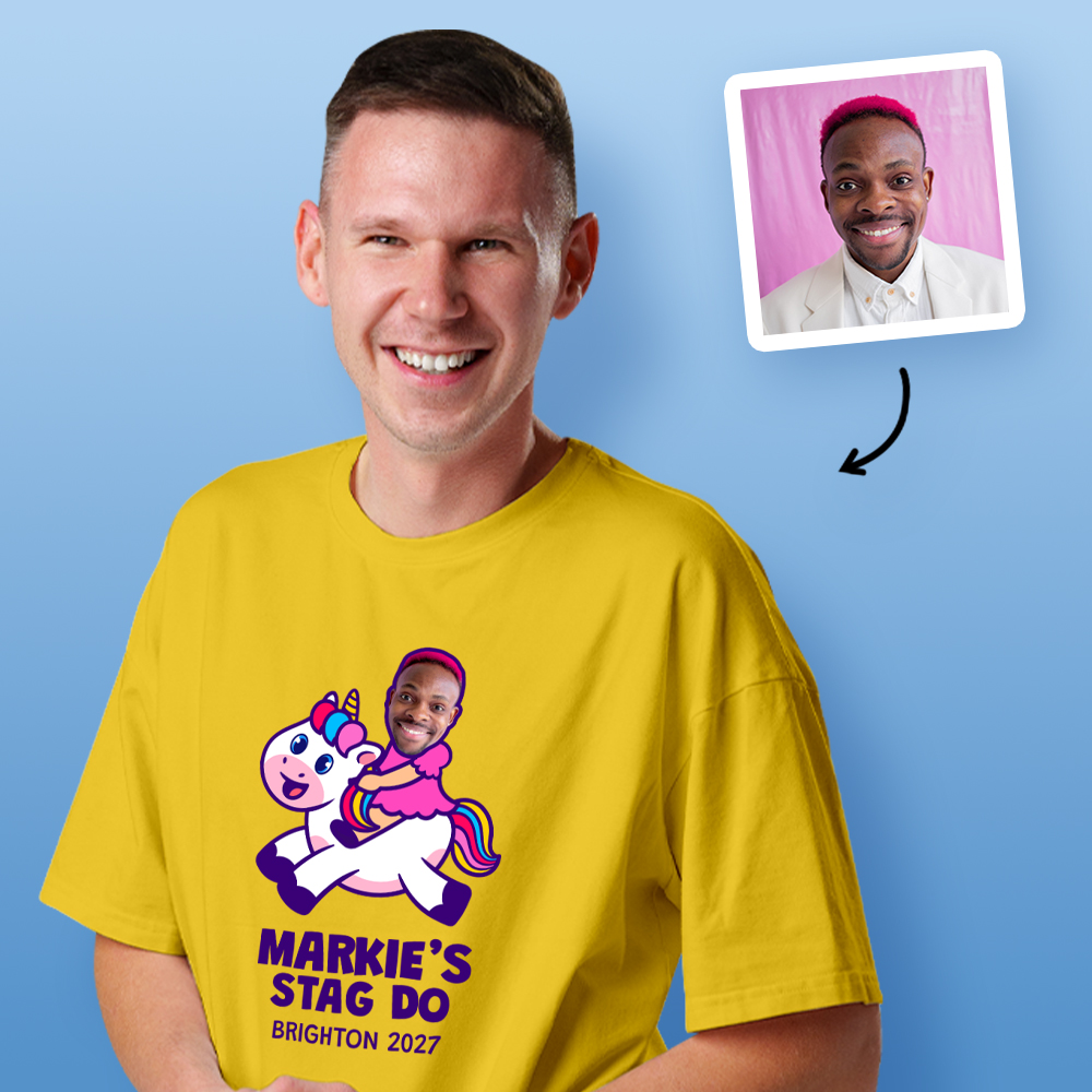Stag Do Photo T-shirt – Photo, Text, Location on Hot Pink T-shirt