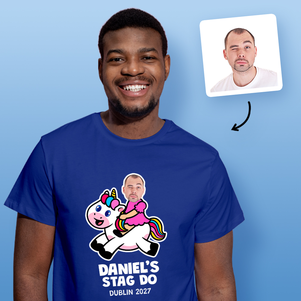 Stag Do Photo T-shirt – Photo, Text, Location on Navy T-shirt