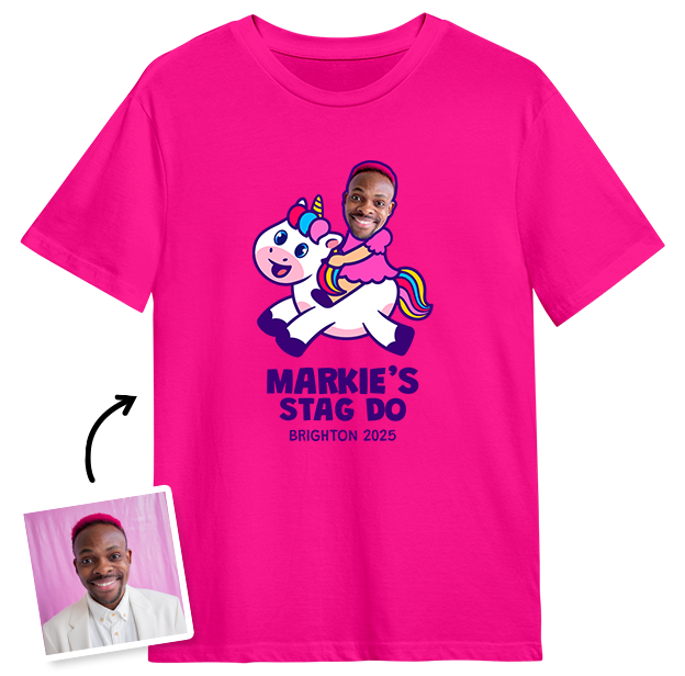 Stag Do Photo T-shirt – Photo, Text, Location on Hot Pink T-shirt