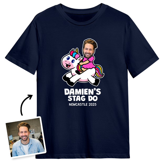 Stag Do Photo T-shirt – Photo, Text, Location on Navy T-shirt