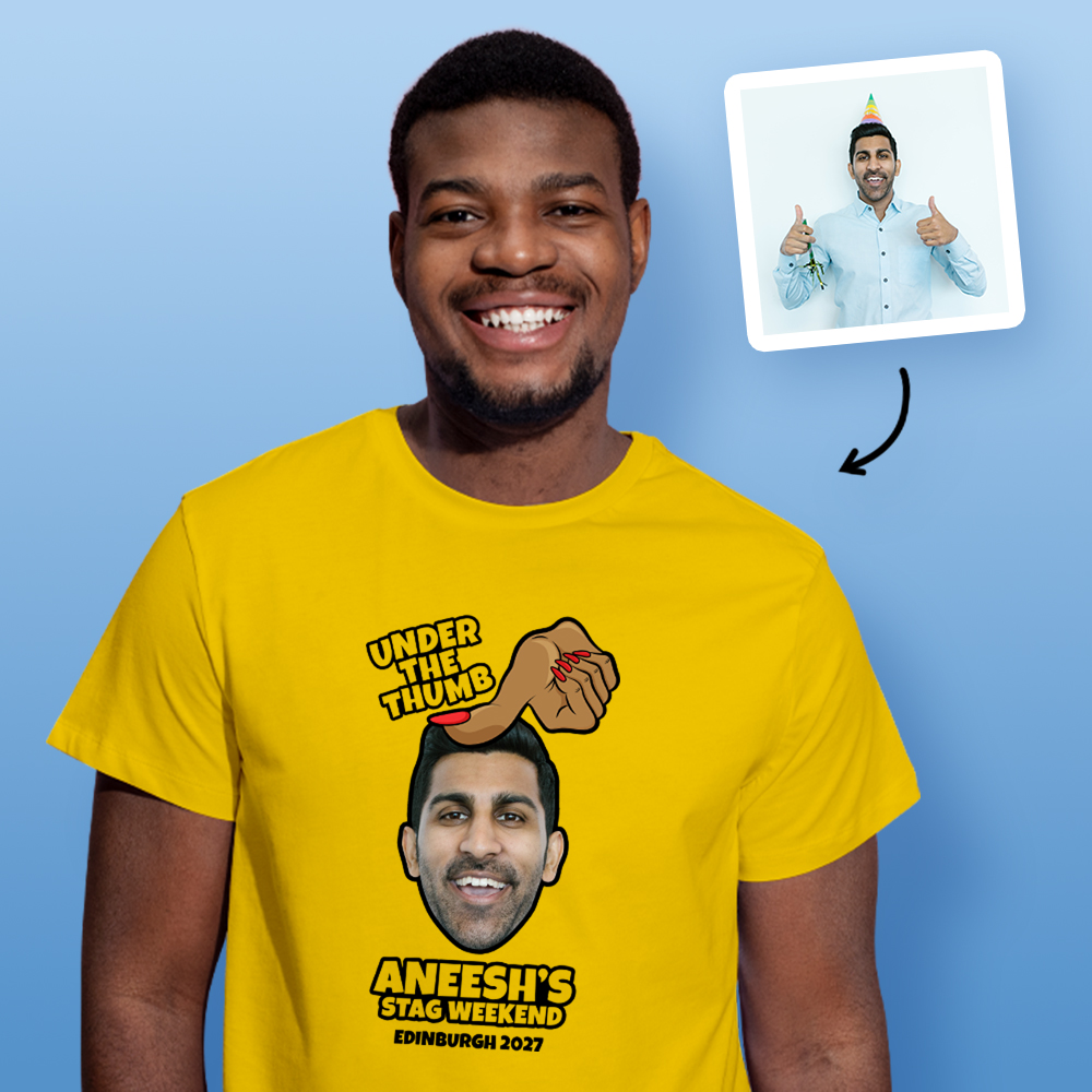 Stag Do Photo T-shirt – Photo, Text, Location on Yellow T-shirt