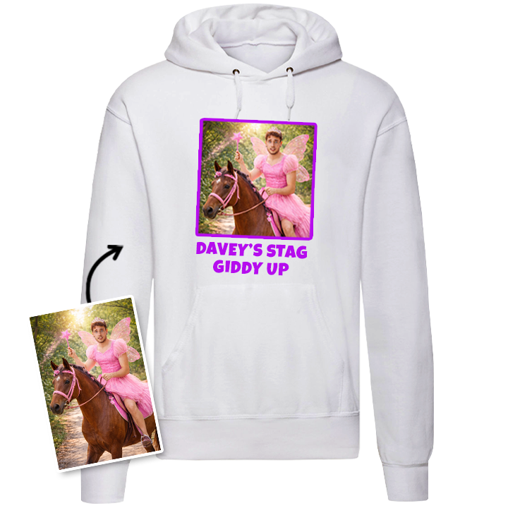A custom stag do hoodie that has been personalised with a man in a pink fairy outfit riding on a brown horse and the custom text Davey's Stag Giddy Up