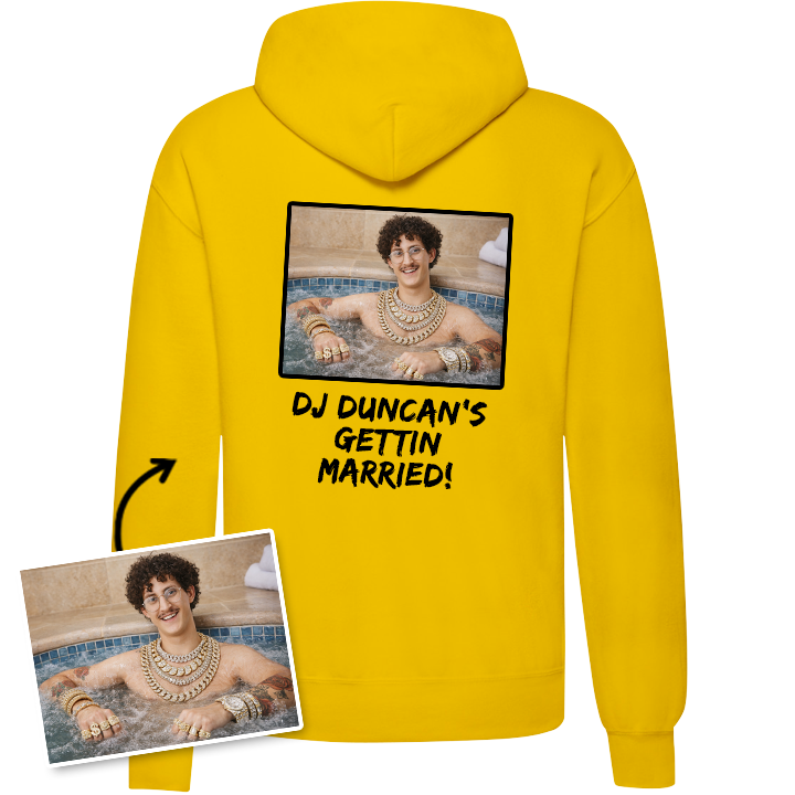 A custom stag do hoodie that has been personalised with a man in a Jacuzzi and the custom text DJ Duncan's Getting Married