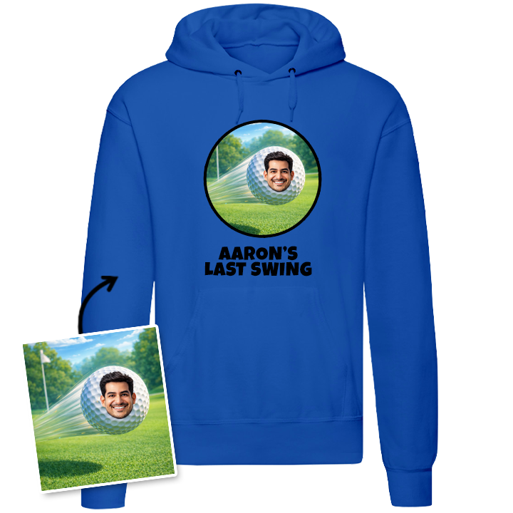 A custom stag do hoodie that has been personalised with a man's face edited onto a golf ball with the custom text Aaron's Last Swing