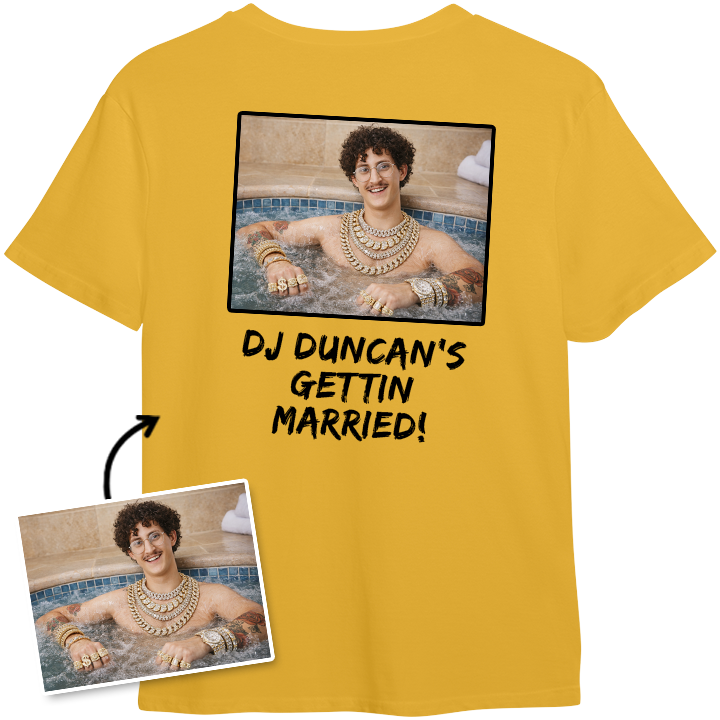 A custom stag do t shirt that has been personalised with a man in a Jacuzzi and the custom text DJ Duncan's Getting Married