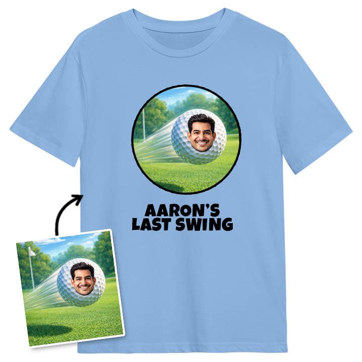 A custom stag do t shirt that has been personalised with a man's face edited onto a golf ball with the custom text Aaron's Last Swing
