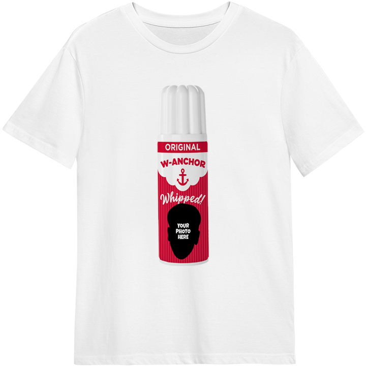 A custom stag do t-shirt that has a bottle of whipped cream reading W-Anchor which can be personalised with a face photo 