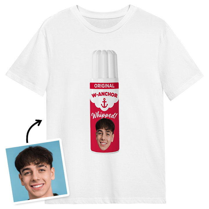 A white custom stag do t-shirt that has a bottle of whipped cream reading W-Anchor which has been personalised with a photo of a man