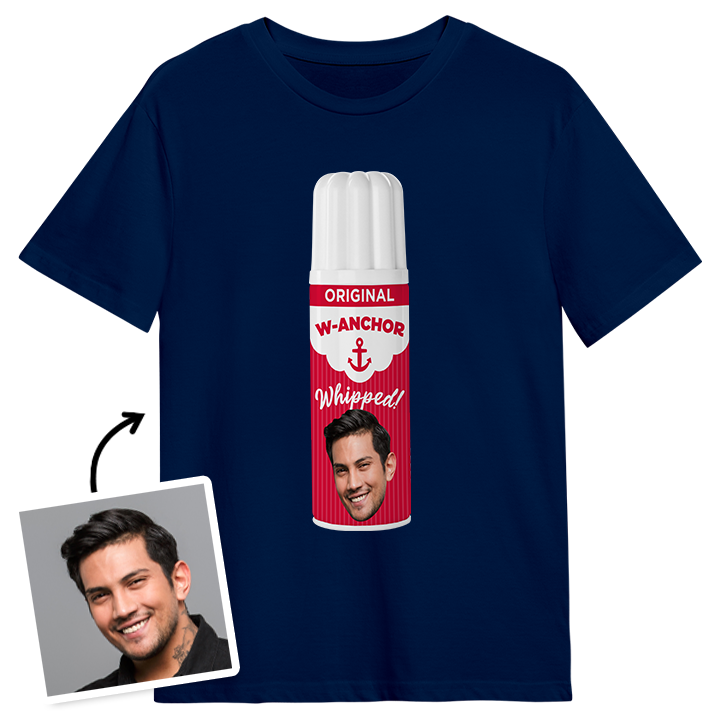 A dark blue custom stag do t-shirt that has a bottle of whipped cream reading W-Anchor which has been personalised with a photo of a man