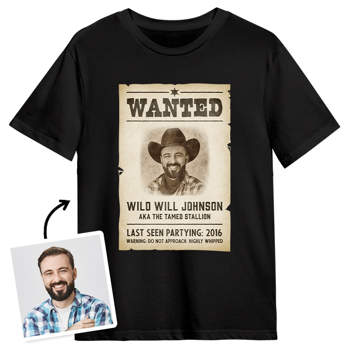 A black stag do t-shirt with a wanted cowboy design where you can add an image of the stag to make him into a cowboy with a headshot of a stag to demonstrate that you can add a picture