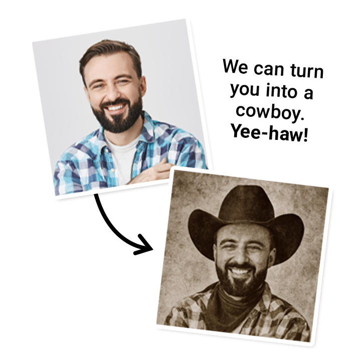 A picture of a man next to another picture of the same man who has been turned into a cowboy
