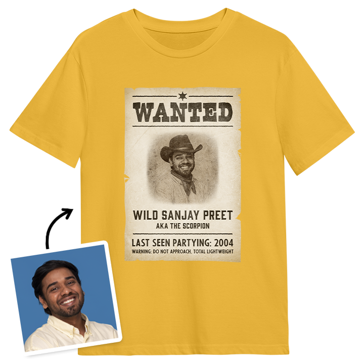 A yellow stag do shirt that has been personalised with a photo of a man and text reading wanted wild Sanjay Preet
