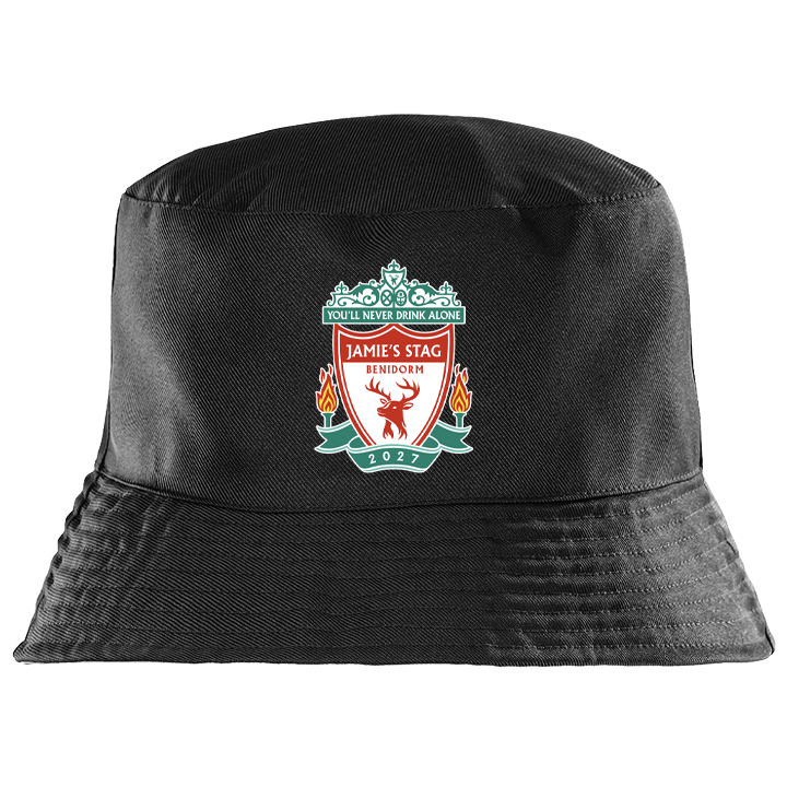 A black custom stag do Liverpool F.C themed bucket hat with the Liverpool F.C logo edited to look like a stag with the text You'll never drink alone Jamie's Stag Benidorm 2027 