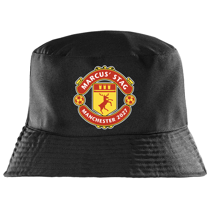 A black Manchester-United inspired custom stag do bucket hat with the Man U logo that is a stag with custom text reading Marcus' Stag Manchester 2027