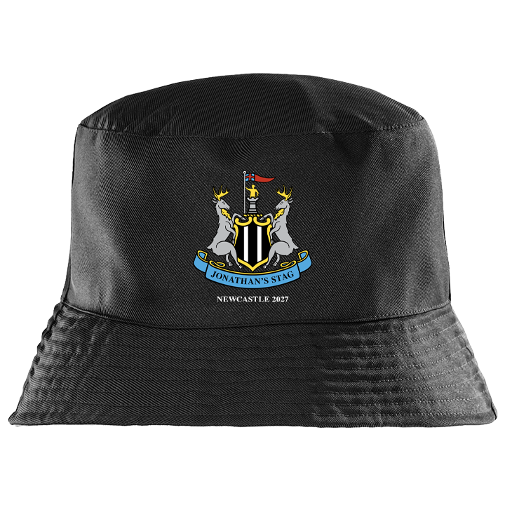 A black custom Newcastle United stag-themed bucket hat which has the Newcastle United logo with two stags and custom text reading Jonathan's Stag Newcastle 2027 