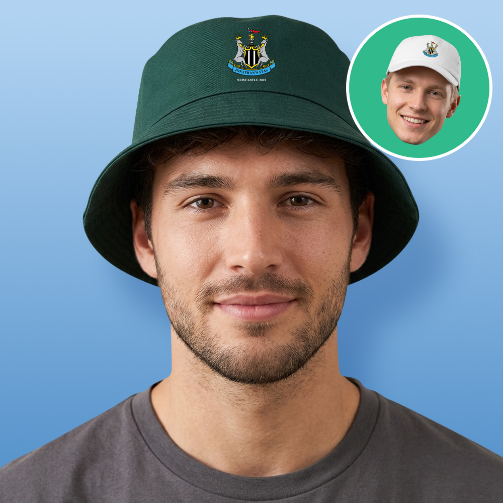 A male model wearing a green custom Newcastle United stag-themed bucket hat which has the Newcastle United logo with two stags and custom text reading Jonathan's Stag Newcastle 2027 