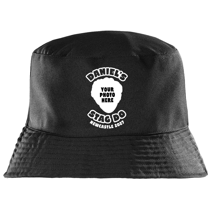 A two tone custom black stag do bucket hat that can be personalised with a face pic and custom text 
