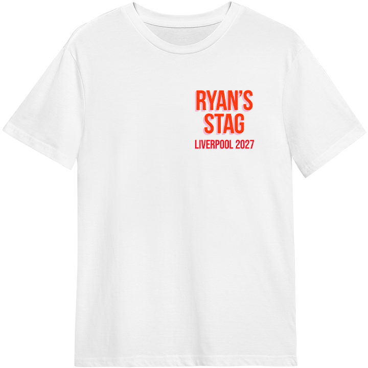 The front of a white custom stag do t-shirt which has been personalised with the custom text Ryan's Stag Liverpool 2027 