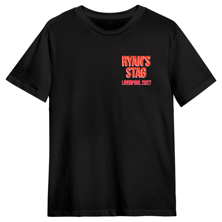 The front of a black custom stag do t-shirt which has been personalised with the custom text Ryan's Stag Liverpool 2027 