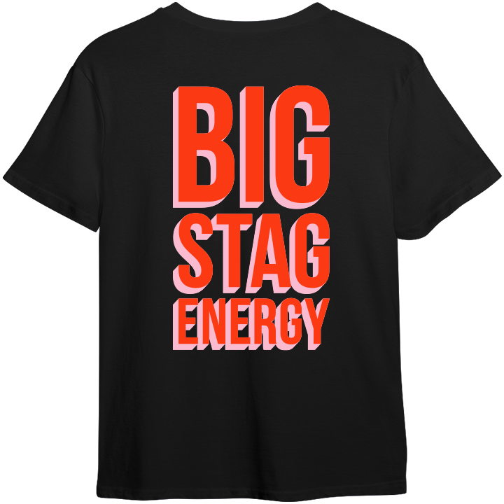 The back of a black custom stag do t-shirt which reads Big Stag Energy in a big bold red text 