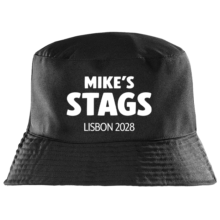 A black custom stag do bucket hat with the custom text Mike's Stags Lisbon 2028 in a white bold font 
