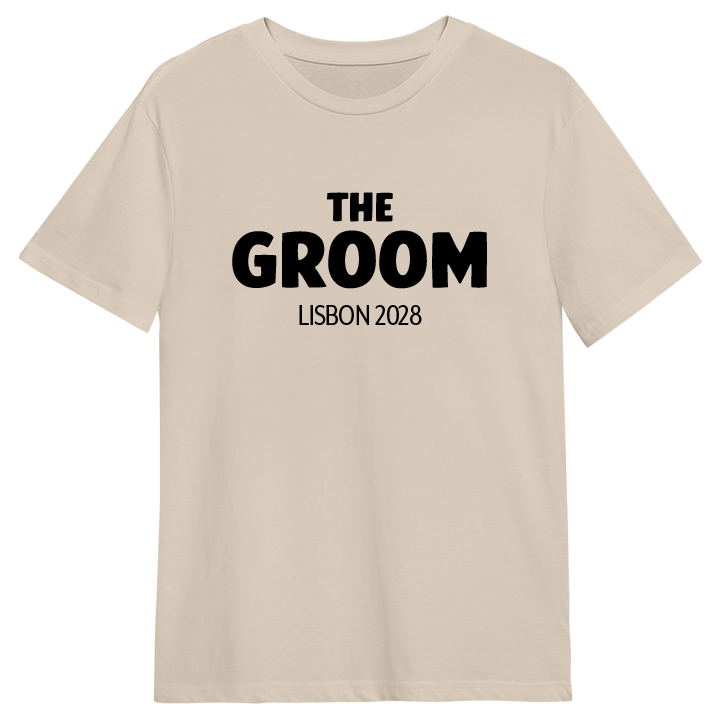 A custom stag do t-shirt that has the custom text The Groom Lisbon 2028 in eye-catching bold lettering 