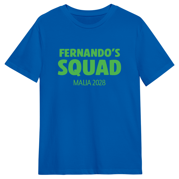 A custom stag do t-shirt that has the custom text Fernando's Squad Malia 2028 in eye-catching bold lettering