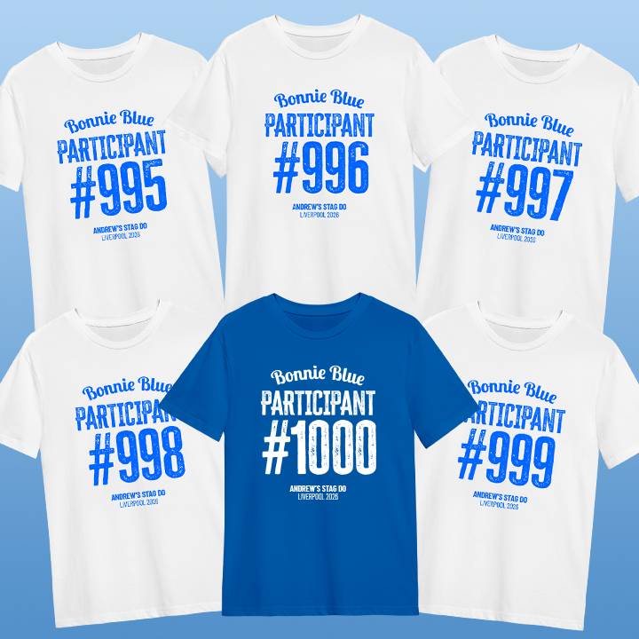 A selection of Bonnie Blue stag do participation shirts with the participant number going from 995 to 1000