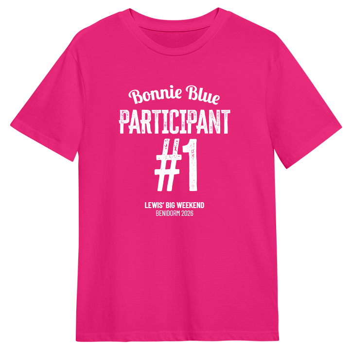 A pink Bonnie Blue stag do participant shirt that has participant #1, Lewis' Big Weekend, Benidorm, 2026 written on it
