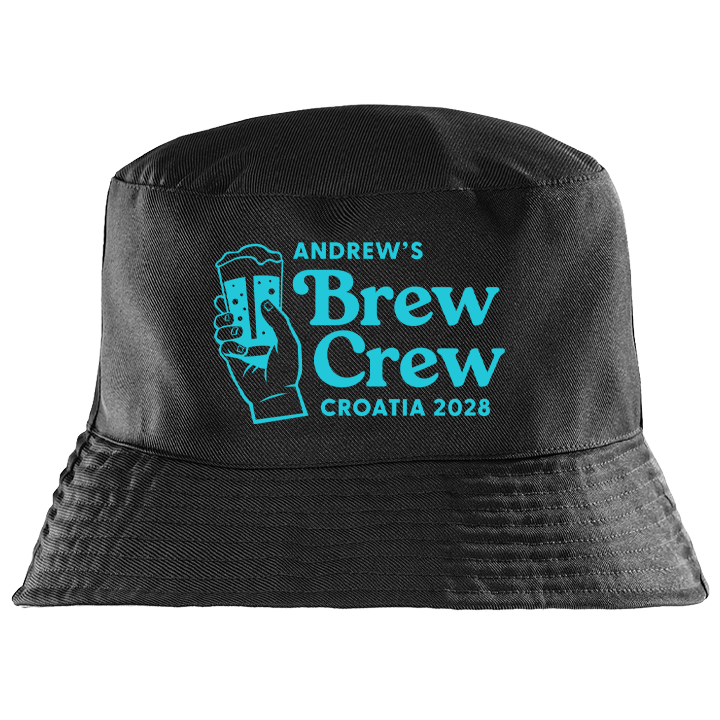 A black custom stag do bucket hat with a graphic of a hand holding a beer and custom text reading Andrew's Brew Crew Croatia 2028 in blue font 
