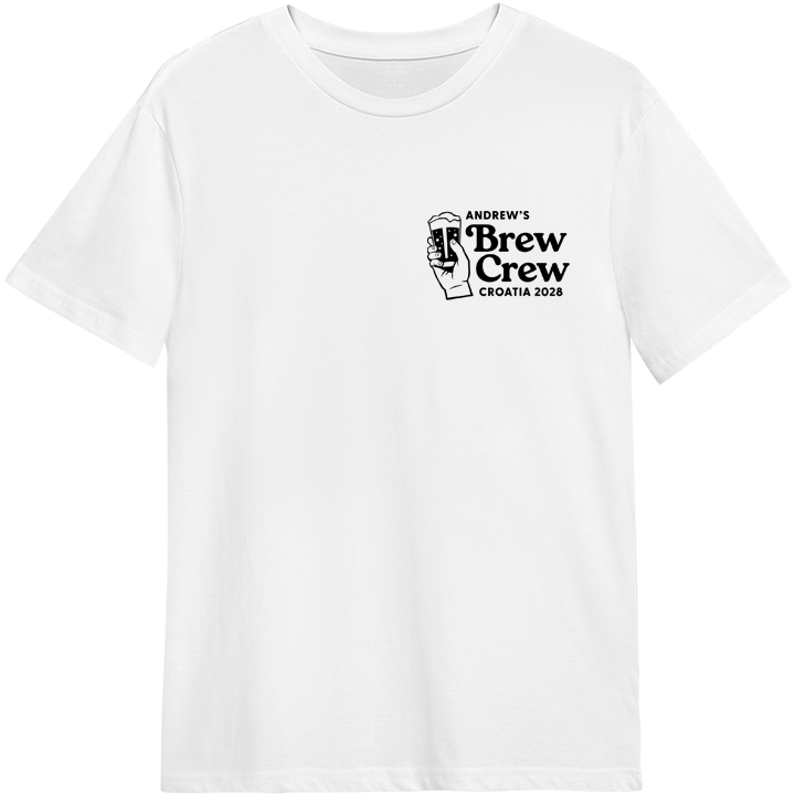 A custom white stag do t-shirt that reads Andrew's Brew Crew Croatia 2028 with a graphic of a hand holding a pint 