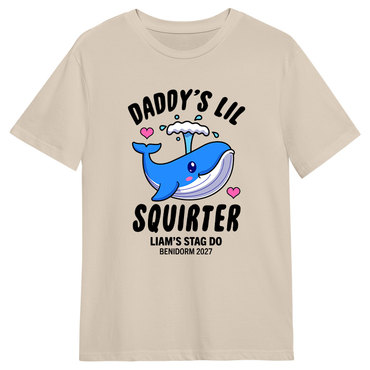 A custom off-white stag do t shirt with a cartoon whale on it and the text daddy's lil squirter Liam's stag do Benidorm 2027