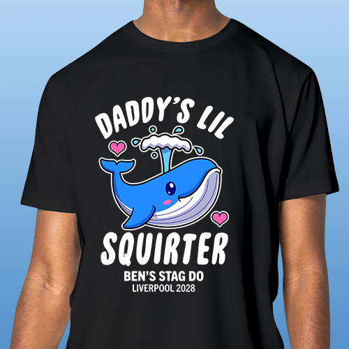 A custom black stag do t shirt with a cartoon whale on it and the text daddy's lil squirter Ben's stag do Liverpool 2028